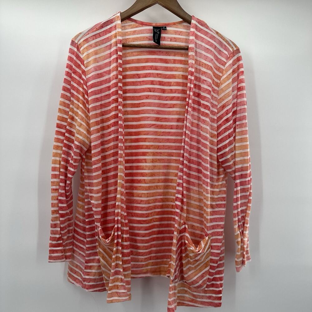 Focus Casual Life Sweater‎ Womens XL Orange Striped Open Pockets Tropical Beachy